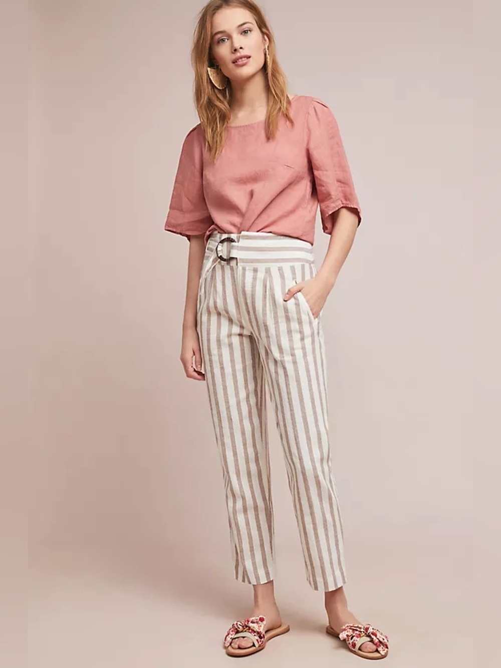 Anthropologie Beige and White Striped linen pant with belt